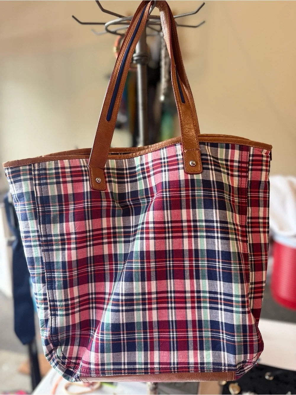 Tommy Hilfiger Plaid Tote Bag with Brown Leather Handles